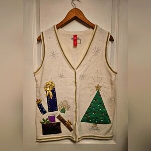 Womens Vintage Novelty Christmas Tanktop Cardigan - White TREE - Size Medium